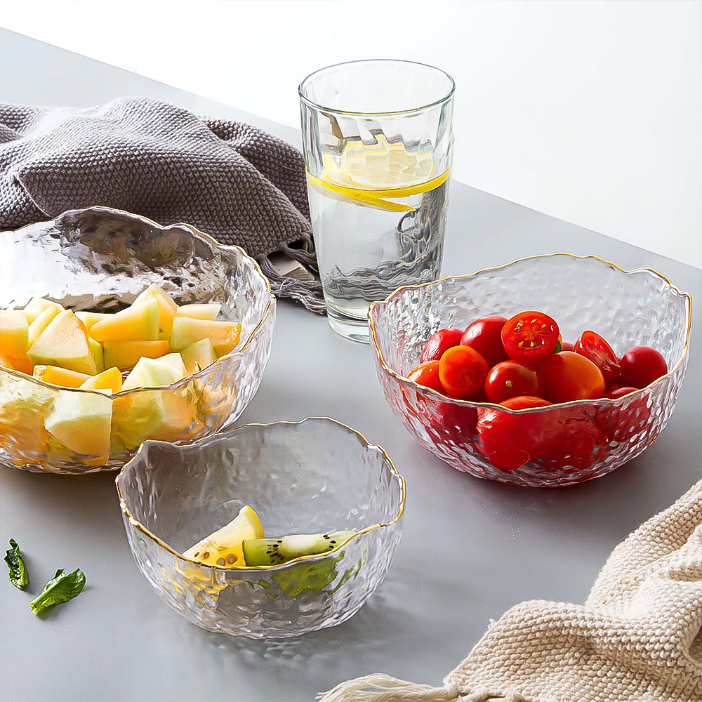 Gold Inlay Edge Glass Salad Bowl Transparent Glass Bowl Dessert