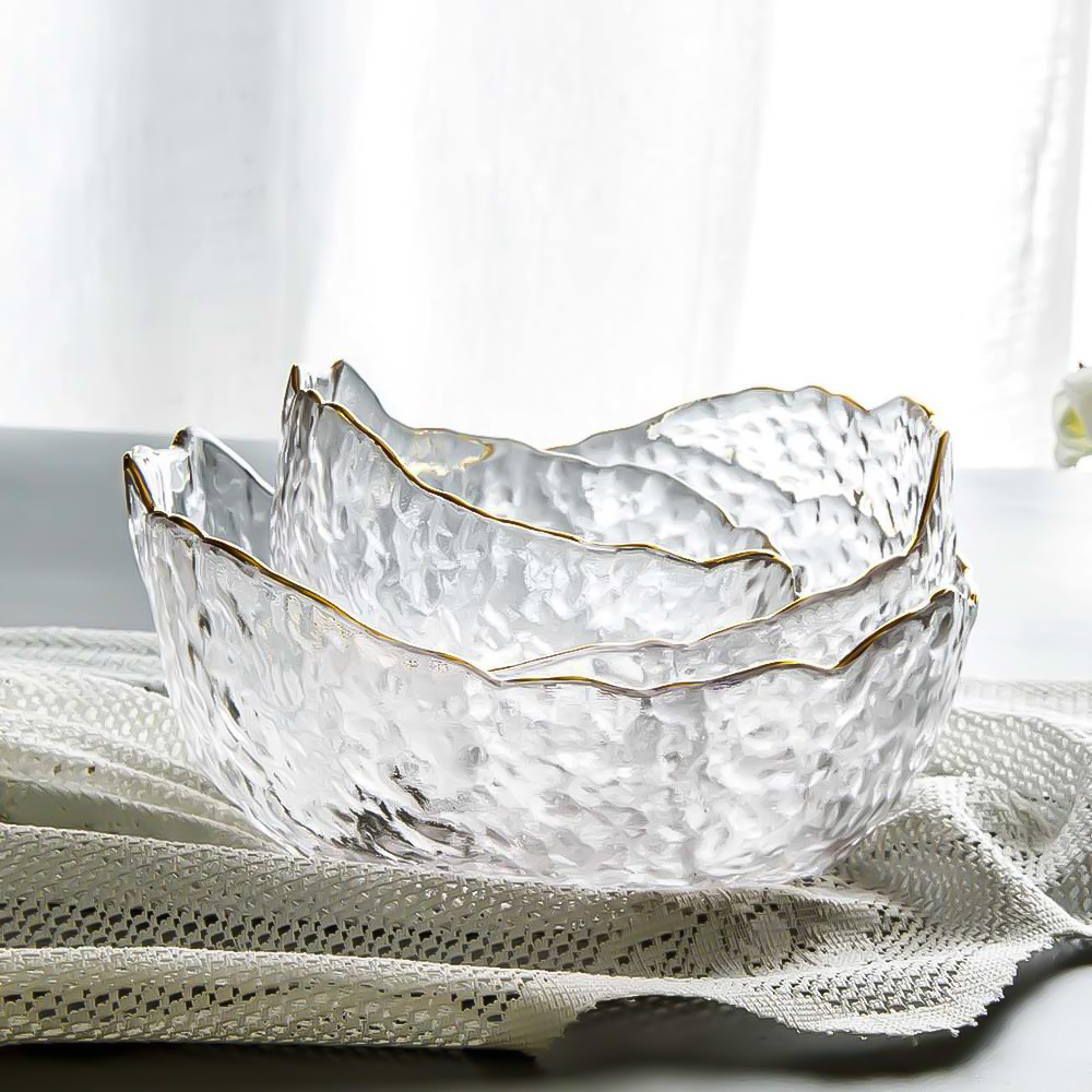 Irregular Gold Inlay Edge Glass Salad Bowl Fruit Rice Serving